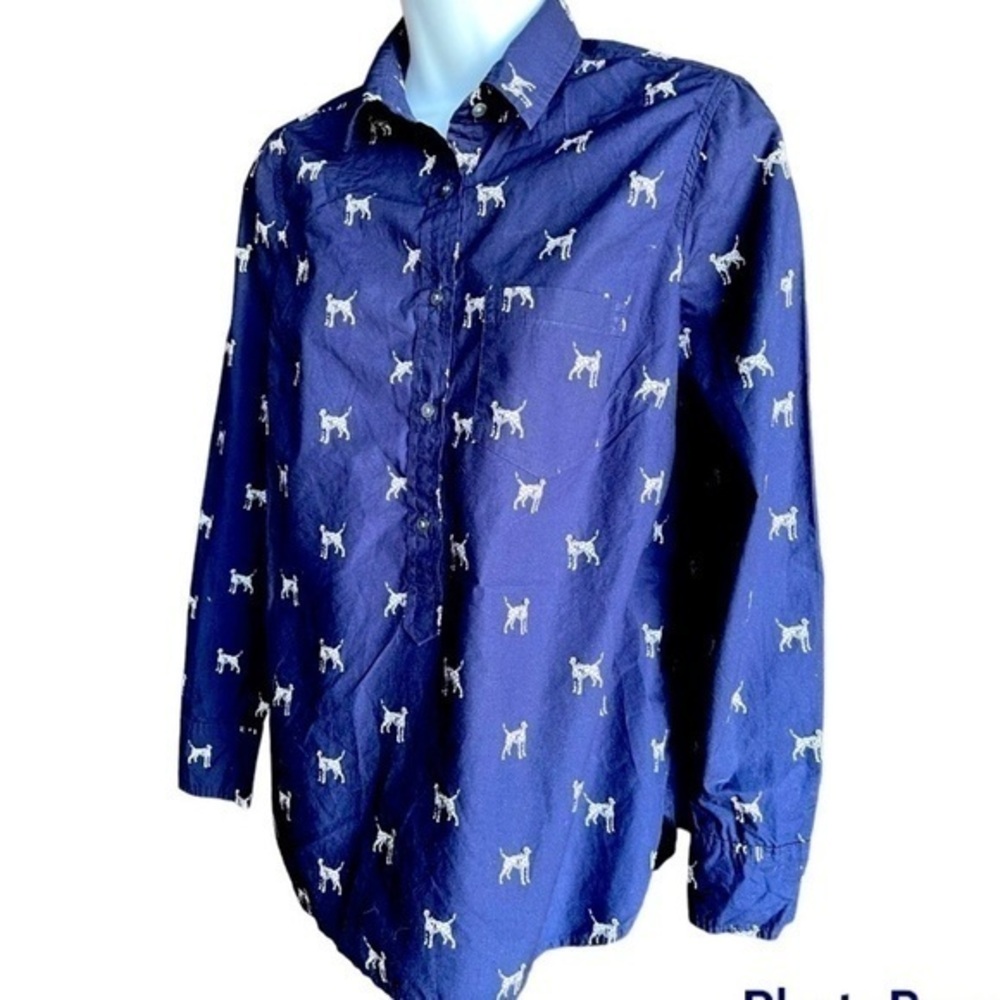 J. Crew Classic Navy Dalmatian Half Frontal Button Down Oxford Top SZ 0